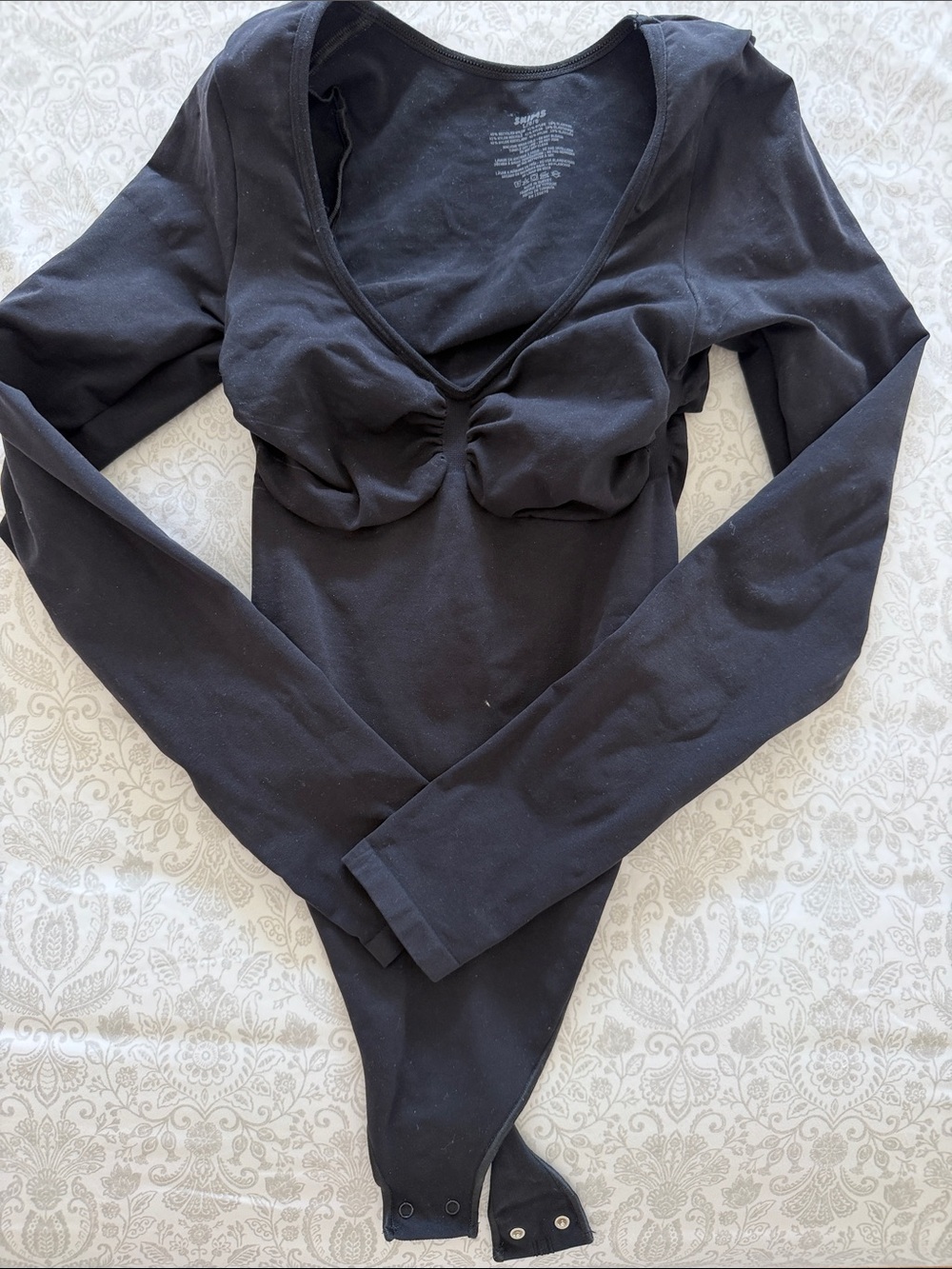 SKIMS Black Long-Sleeve V-Neck Bodysuit